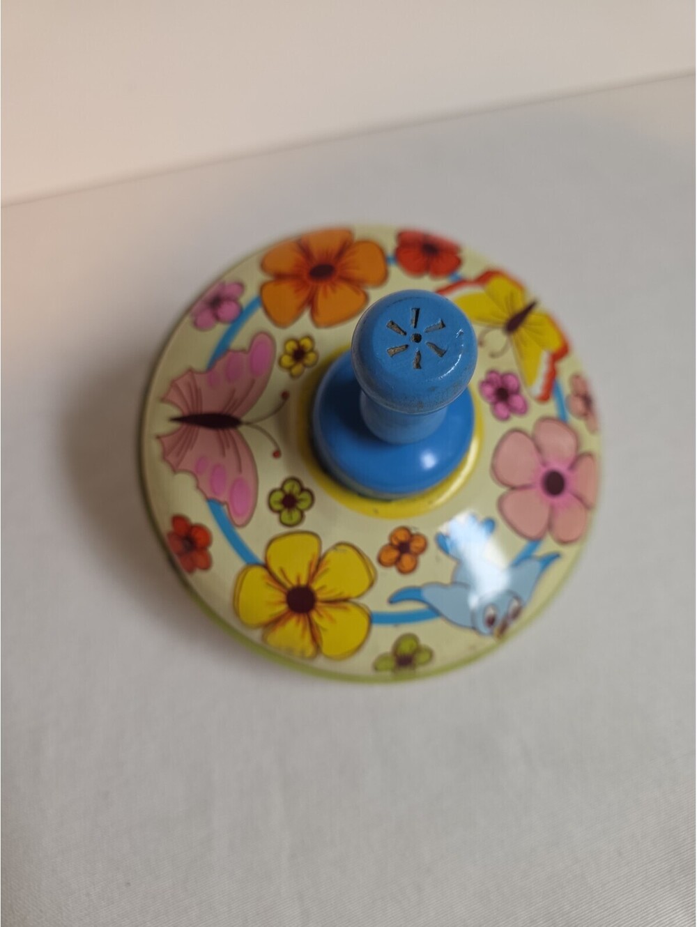 Vintage Tin Toy Spinning Top Bluebird, Butterflies & Flowers Works!